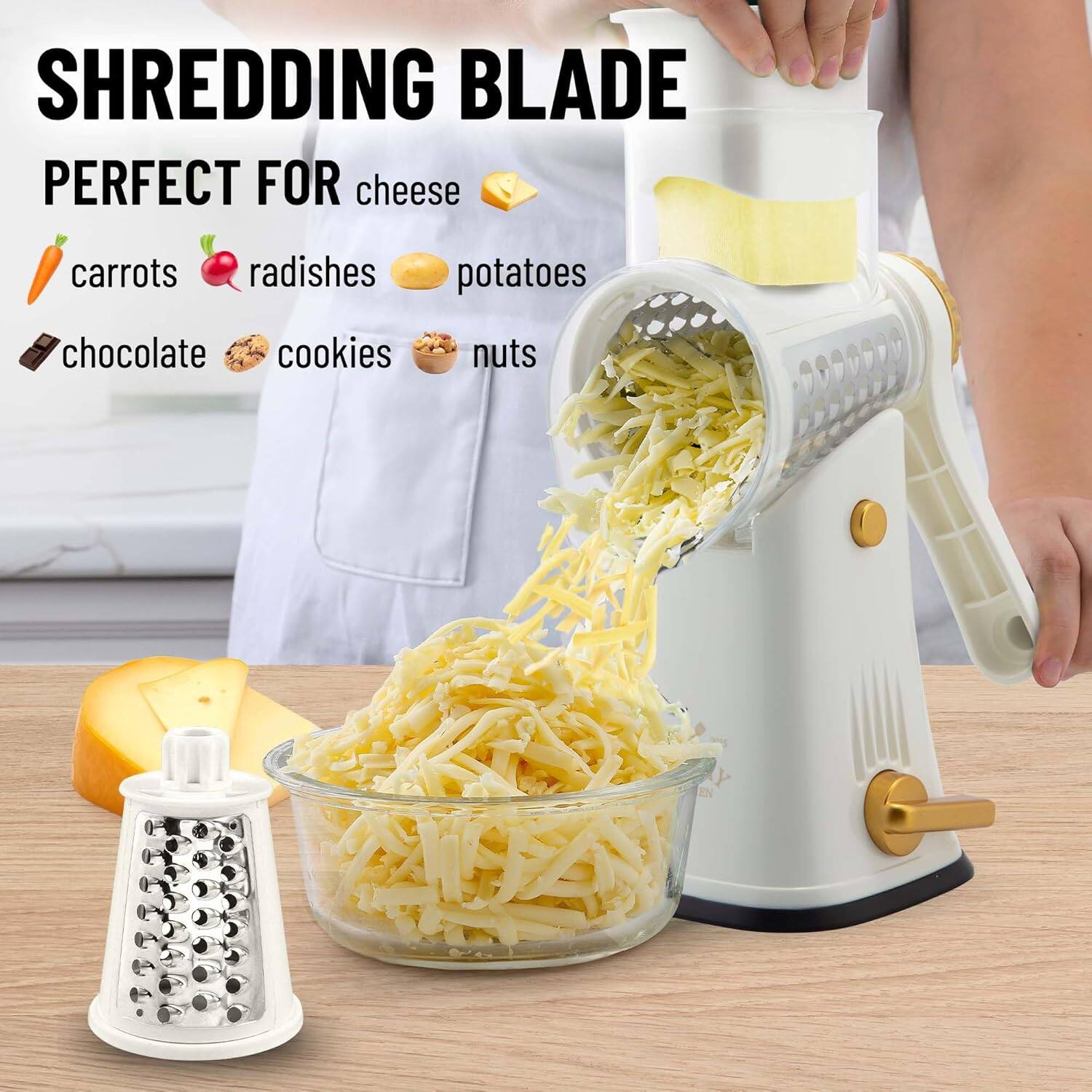 SHREDDING BLADE  
PERFECT FOR  
- cheese  
- carrots  
- radishes  
- potatoes  
- chocolate  
- cookies  
- nuts