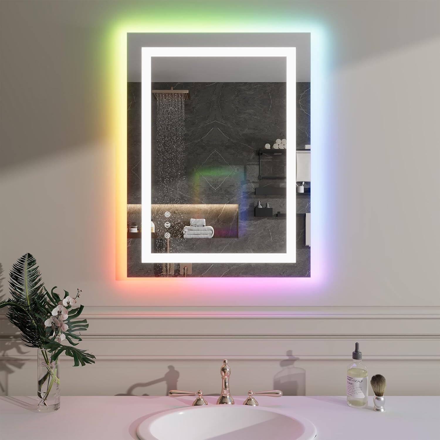 Front. Homhougo - RGB LED Bathroom Mirror Dual-Side/Anti-Fog/Adjustable Wall Mounted.