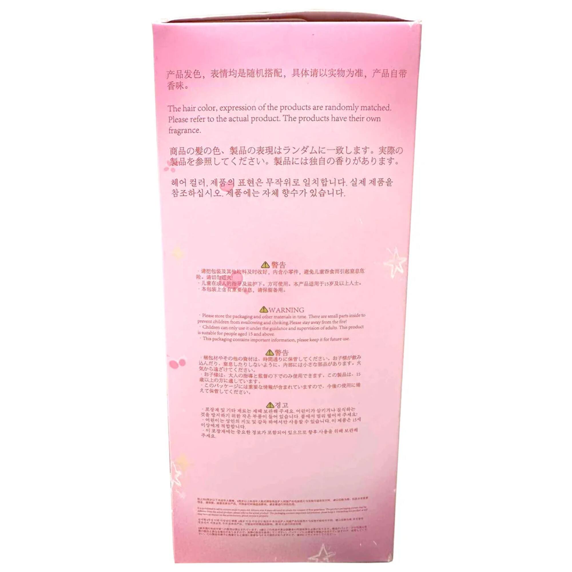 The hair color, expression of the products are randomly matched. Please refer to the actual product. The products have their own fragrance.

WARNING
There are small parts inside. This product is not suitable for children under 3 years old. Children can only use it under the guidance and supervision of adults. This product is suitable for people aged 13 and above. The packaging contains important information, please keep it for future use.