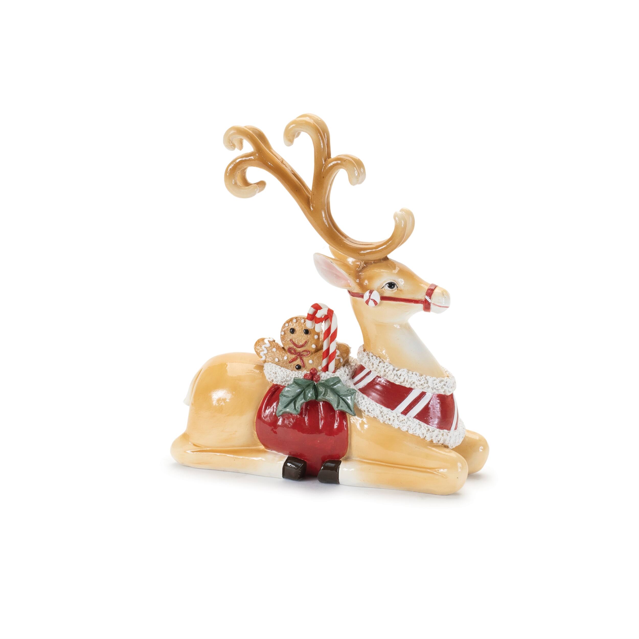 Angle. BreeBe - Holiday Reindeer Figurine (Set of 2) - Beige, Red, Green.