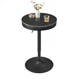 Songmics Home - Height Adjustable Bar Table, Round High Pub Table with Storage, Synthetic Leather with Stitching, Mid-Century Modern - Ebony Black and Ink