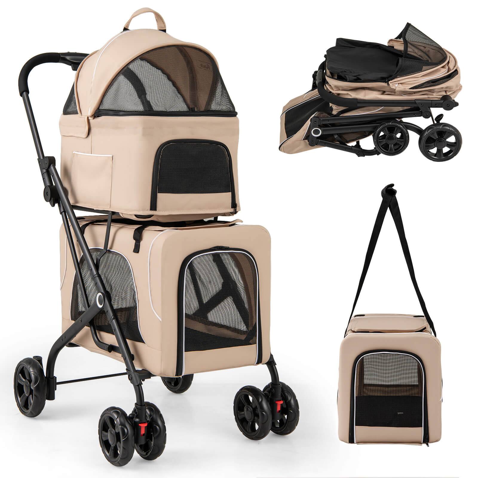 Costway - Double Pet Stroller for 2 Dogs or Cats w/ 2 Detachable Carriers Safety Belt