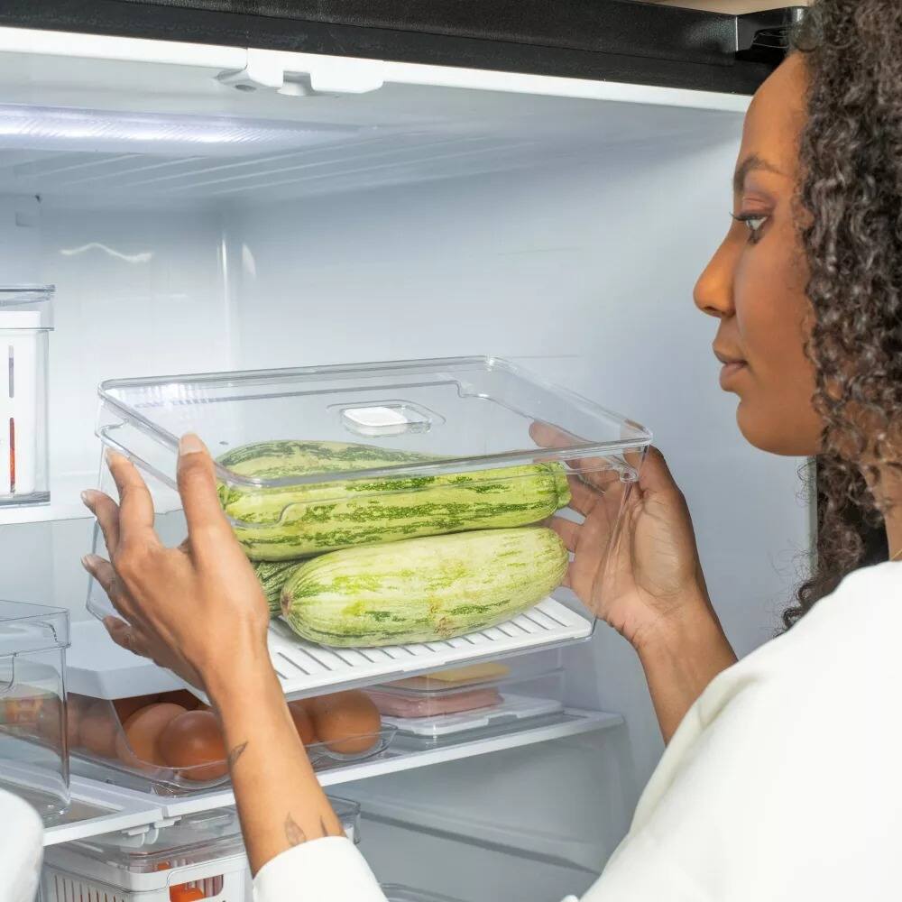 Angle. OU - OU Fridge Organizer Bin with Vented Lid, Clear Stackable Refrigerator Storage Container, 4 Pack - Clear.