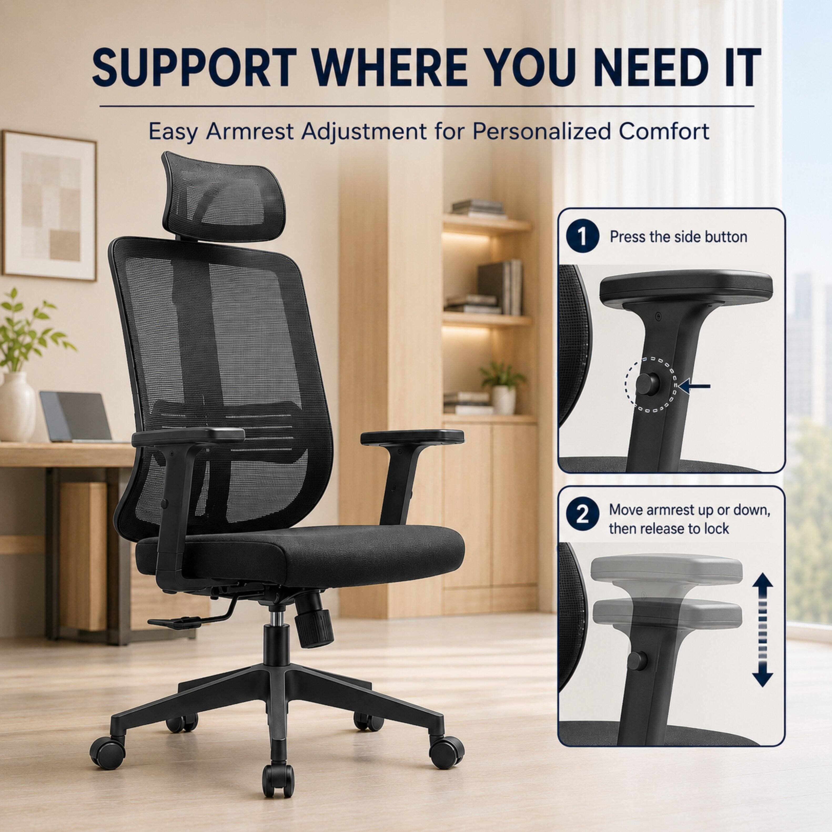 SUPPORT WHERE YOU NEED IT  
Easy Armrest Adjustment for Personalized Comfort

1. Press the side button
2. Move armrest up or down, then release to lock