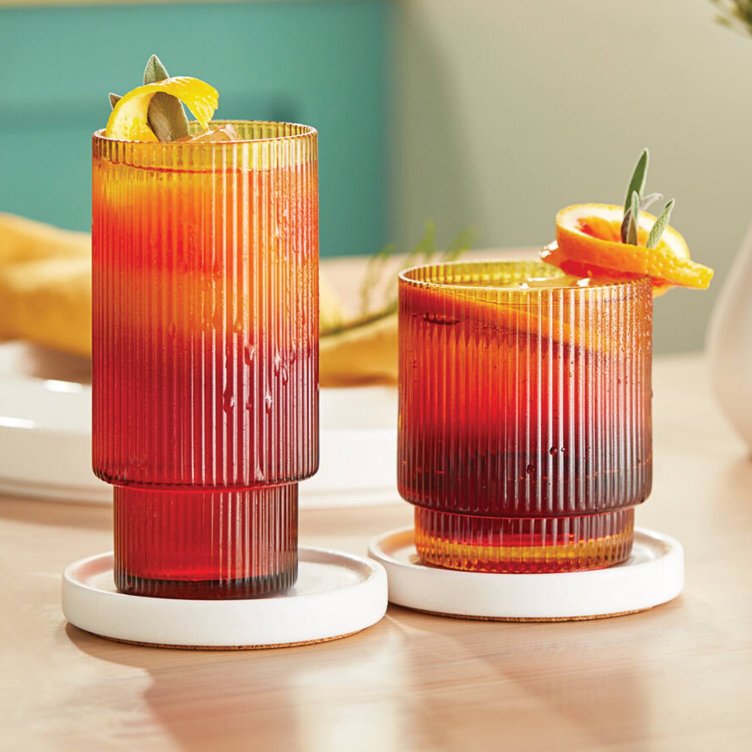 Back. American Atelier - Set of 4 Ribbed Amber Highball Glasses | 11 oz Tall Drinkware - Amber.