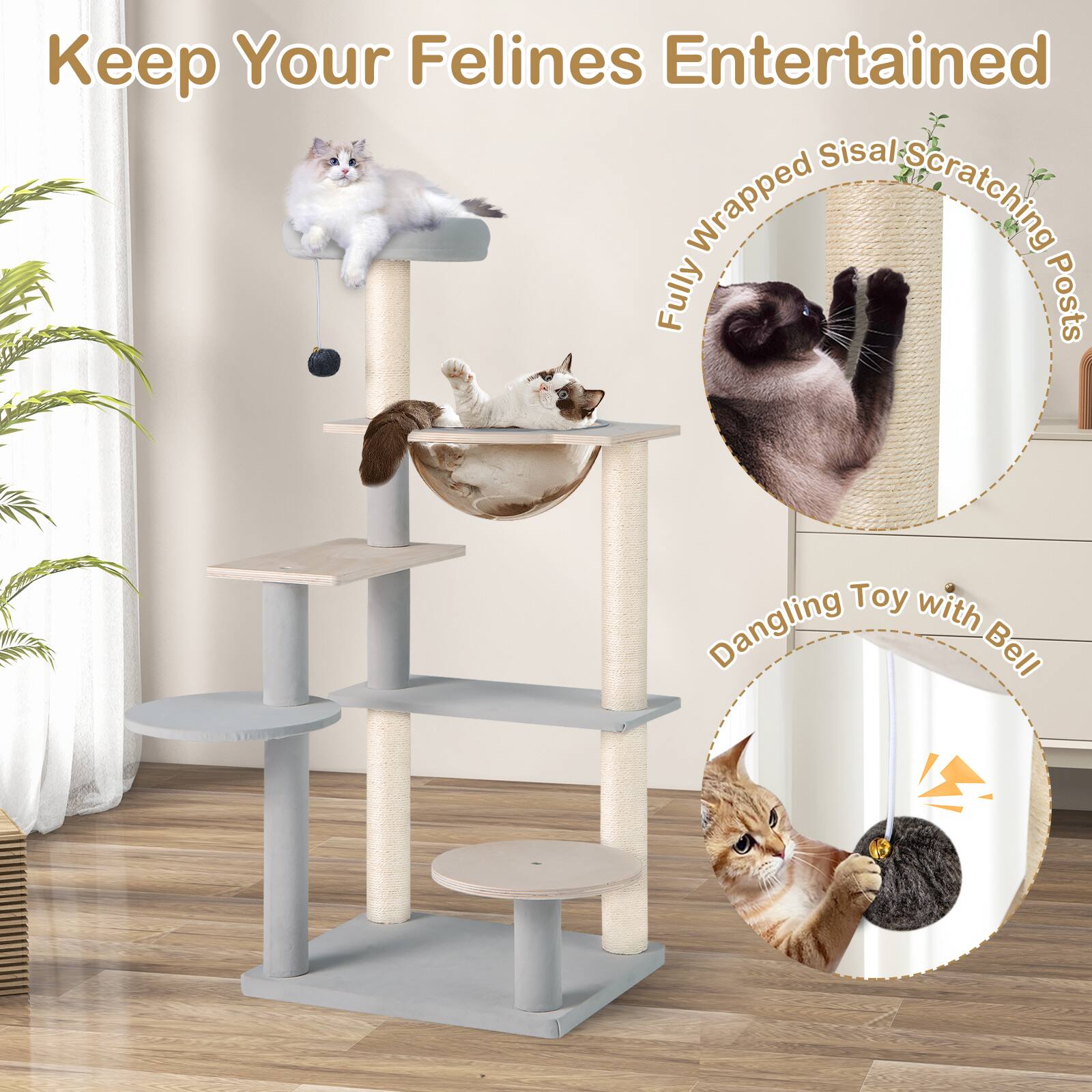 Keep Your Felines Entertained

- Fully Wrapped Sisal Scratching Posts
- Dangling Toy with Bell