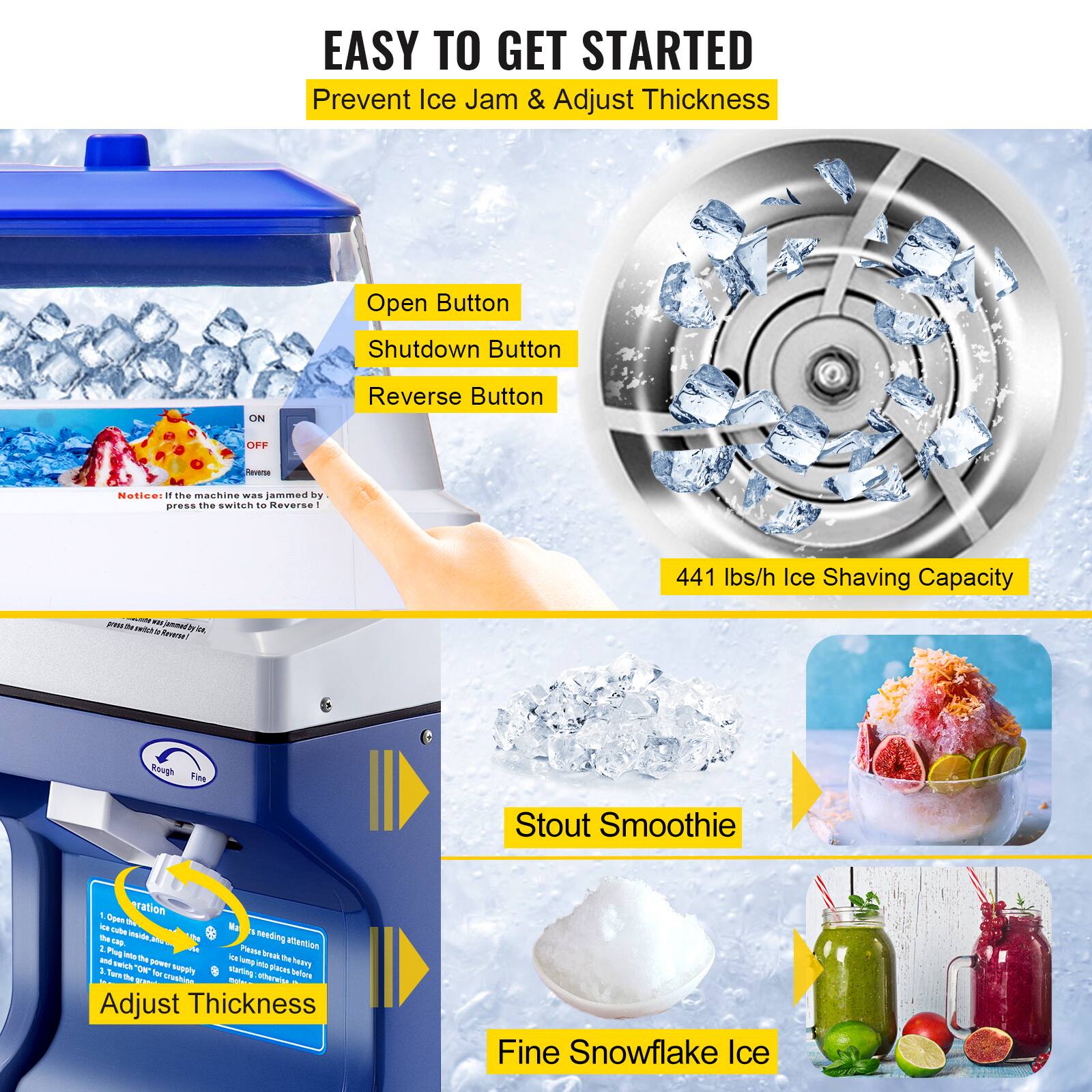 EASY TO GET STARTED  
Prevent Ice Jam & Adjust Thickness  

Open Button  
Shutdown Button  
Reverse Button  

441 lbs/h Ice Shaving Capacity  

Stout Smoothie  

Adjust Thickness  

Fine Snowflake Ice