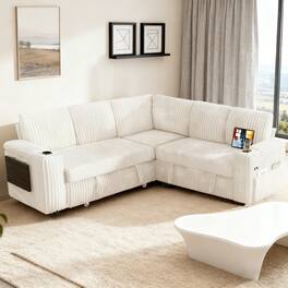 Vipbear - 85" Modular Sectional Sofa with Pull Out Bed,Corduroy Fabric 5 Seat Sectional Sleeper Sofa with Storage,for Living Room - Beige