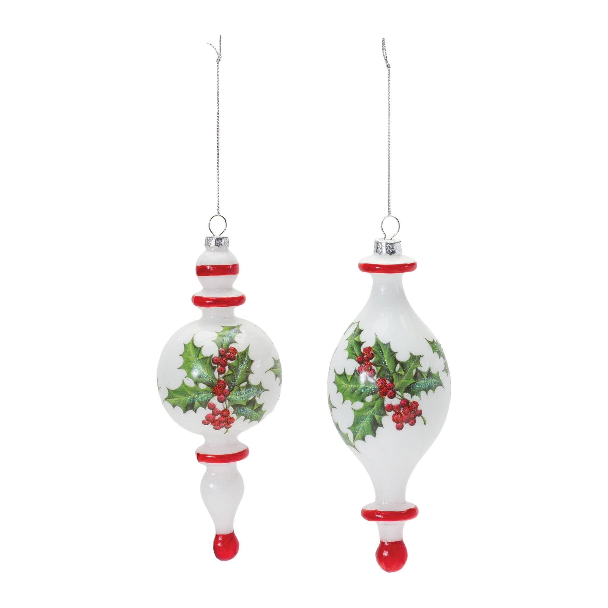 Angle. BreeBe - Holly Finial Drop Ornament (Set of 6) - White, Green, Red.