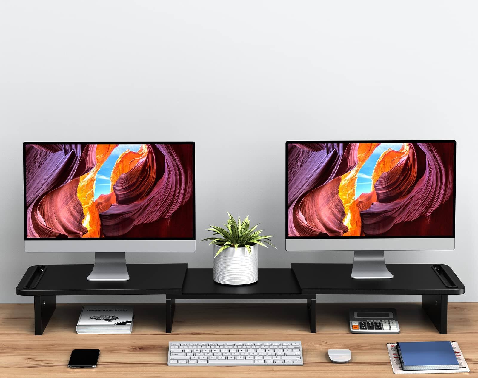 Back. Cedar Assembly - Dual Monitor Stand Riser With Adjustable Length And Angle Wood For Desk 2 Monitors Storage Space - White.