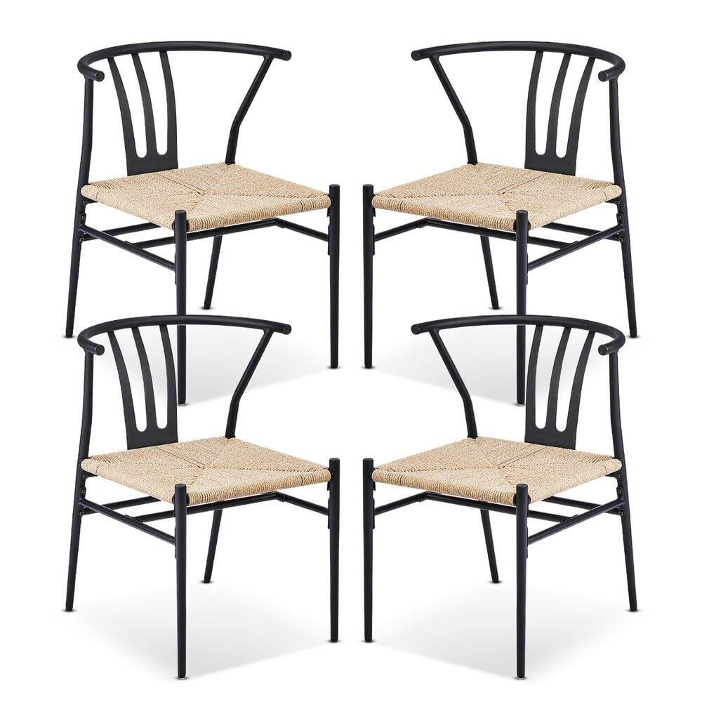 Alt View 1. Resenkos - Resenkos Mid-Century Modern Weave Dining Chairs With Metal Rattan, 4-Piece Set, Black& Wood Color - Black& Wood Color.