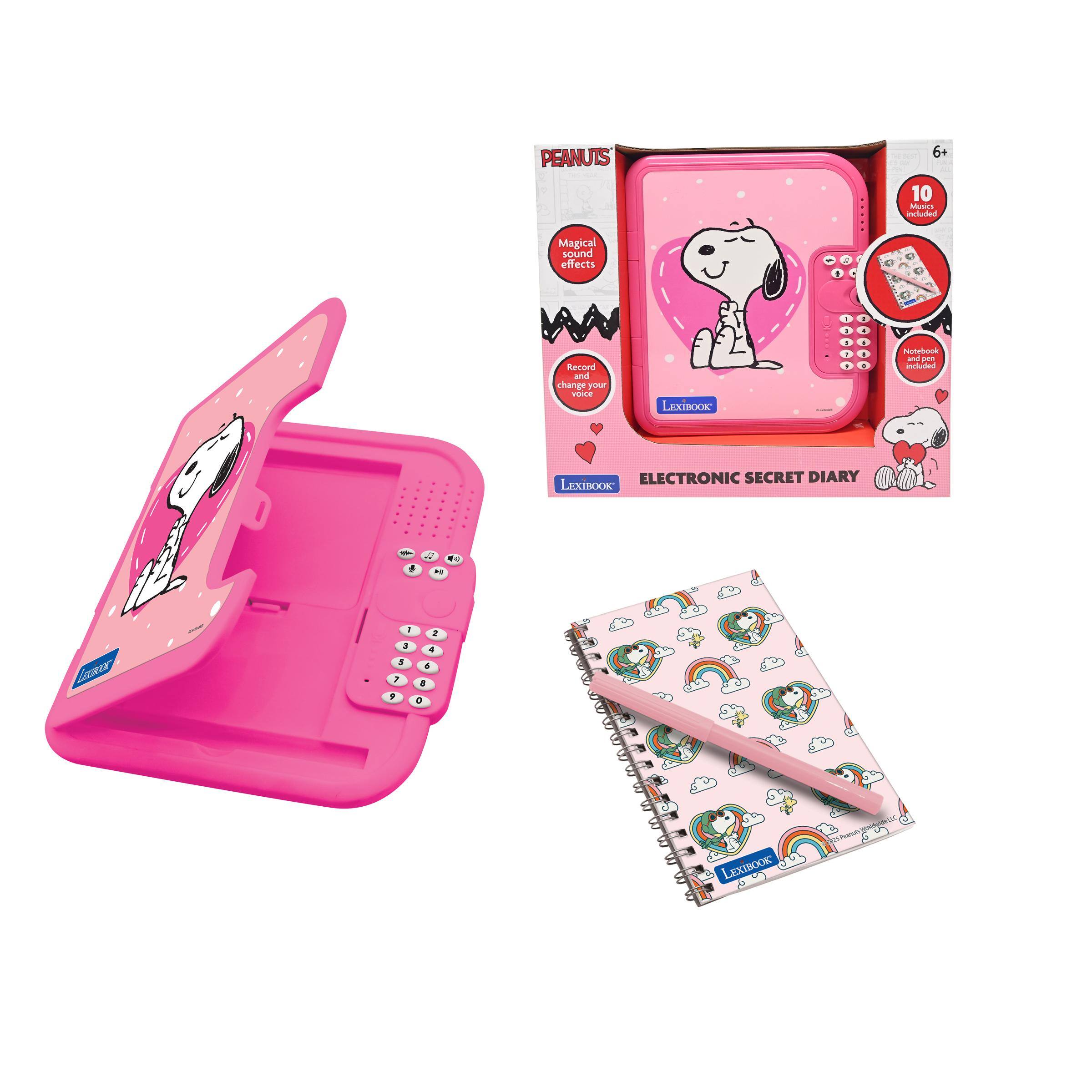 PEANUTS  
6+  
10 included  

Magical sound effects  
Record and change your voice  
LEXIBOOK  

ELECTRONIC SECRET DIARY  
LEXIBOOK  

Notebook included