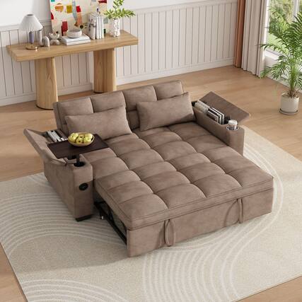 Front. Anysun - 65" 3-in-1 Chenille Convertible Sofa Bed - Pullout Design with 90° Swivel Table, Easy Assembly for Living Room - Khaki.