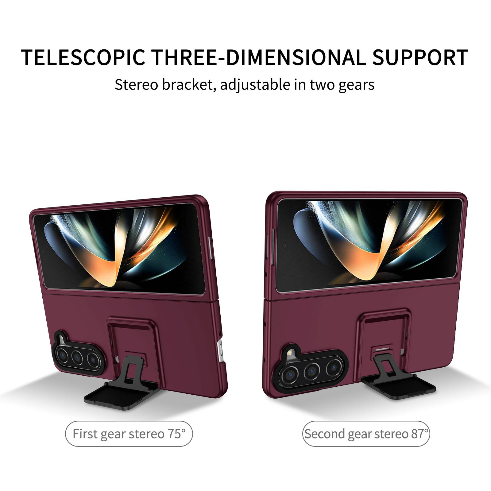 TELESCOPIC THREE-DIMENSIONAL SUPPORT  
Stereo bracket, adjustable in two gears  
First gear stereo 75°  
Second gear stereo 87°