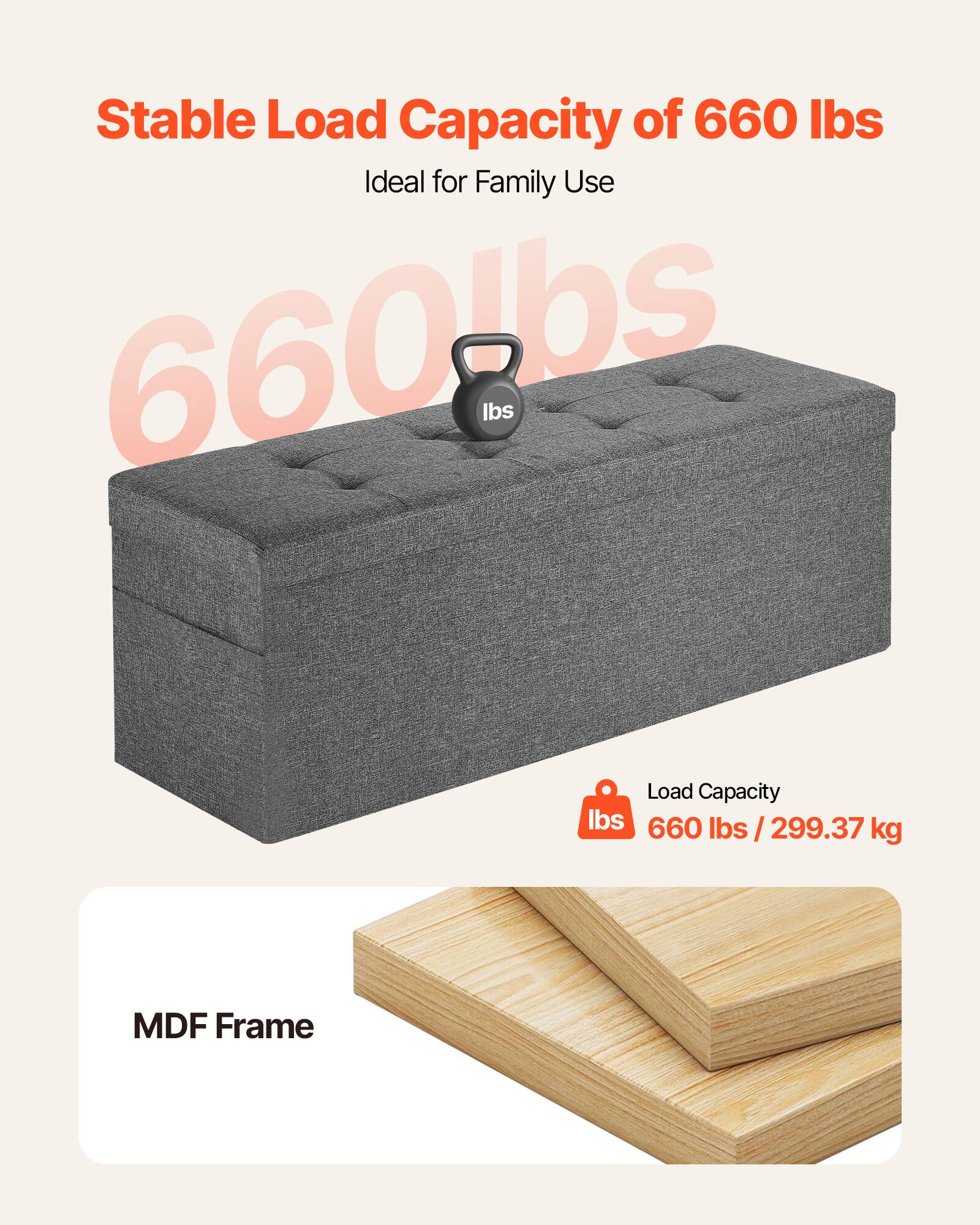 Stable Load Capacity of 660 lbs  
Ideal for Family Use  

660 lbs / 299.37 kg  

MDF Frame