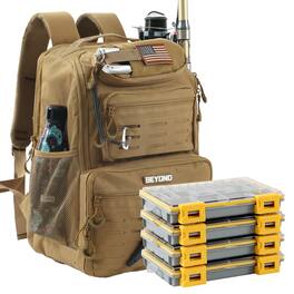 Beyond Braid - Beyond Fishing Tackle Backpack, 40L Water-Resistant Canvas, Includes 4 3600 Boxes - Tan