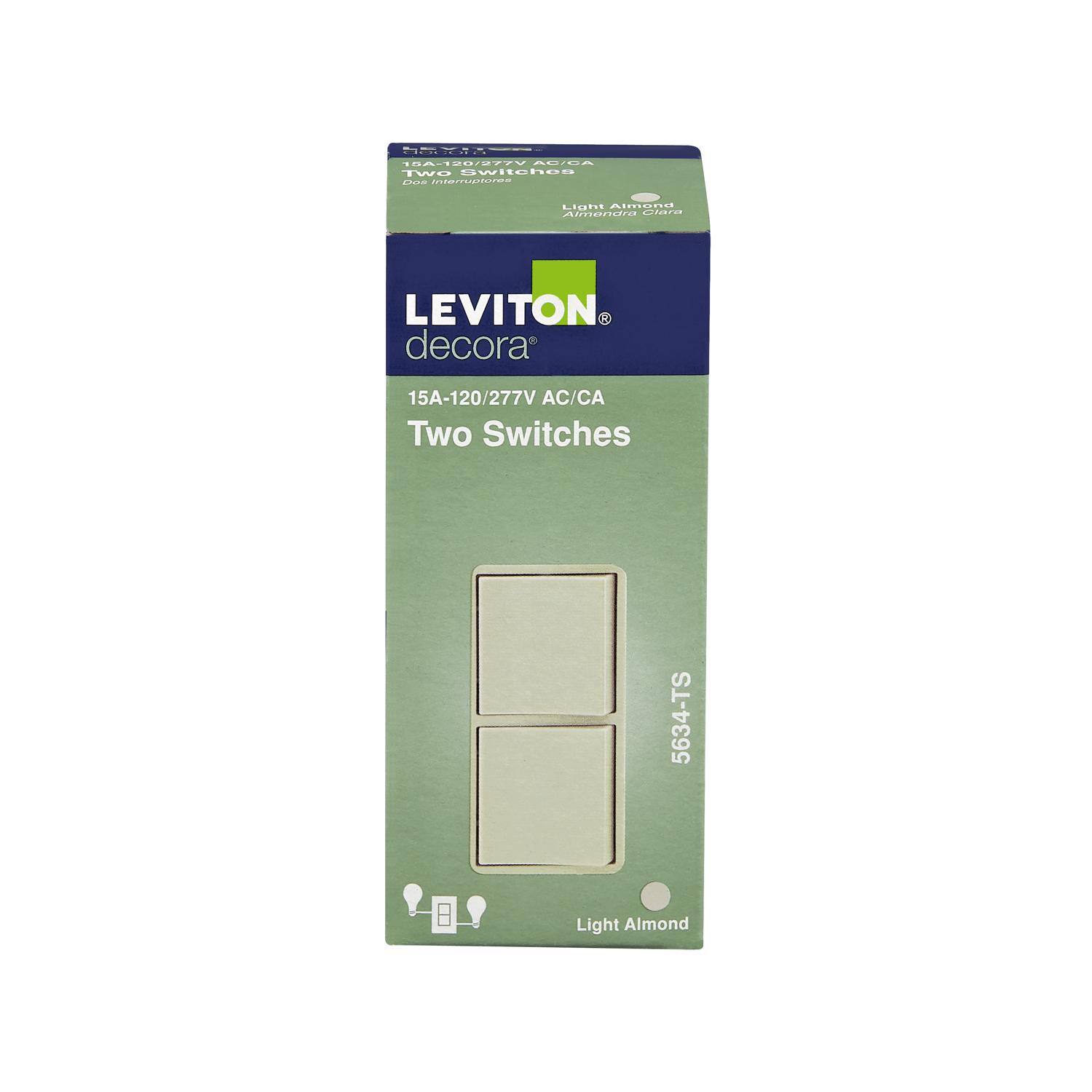 HTA 100-184-188/877981/1 AI.- AUIEA 1W8 witchos Co INOO LiGh .......... Aimandra .d... Cidra LEVITON decorac 15A-120/277V AC/CA Two Switches 5634-TS Light Almond