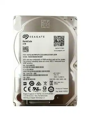 SEAGATE BarraCuda 4TB
PSID: XDFGU4X7MPA7PUZ2Z5JBM5ZGFKMFL9EM
WWN: 5000C500B676CABF
HDD sold as component of OEM solution and not for resale. The product warranty does not cover HDD if removed from OEM solution
SN: ST4000LM024
PN: 2AN17V-566
SV 0.05 A
Site: T
DOM: 17JUN2019
FW: 0001
CAN ICES-9(B) NMB-3(8)
MSPEM-STX- AF 20
KC S+023 LR
Product of Thailand
US TCV D33027 E190397
RahS Reg. Model: SKRC03
Seagate Singapore Infl MO Pie Ld, Coalhovenisan 1.
111 NB Schishal Rijk, The Netherlands
HDD Nfg by Seagate Technology LLC