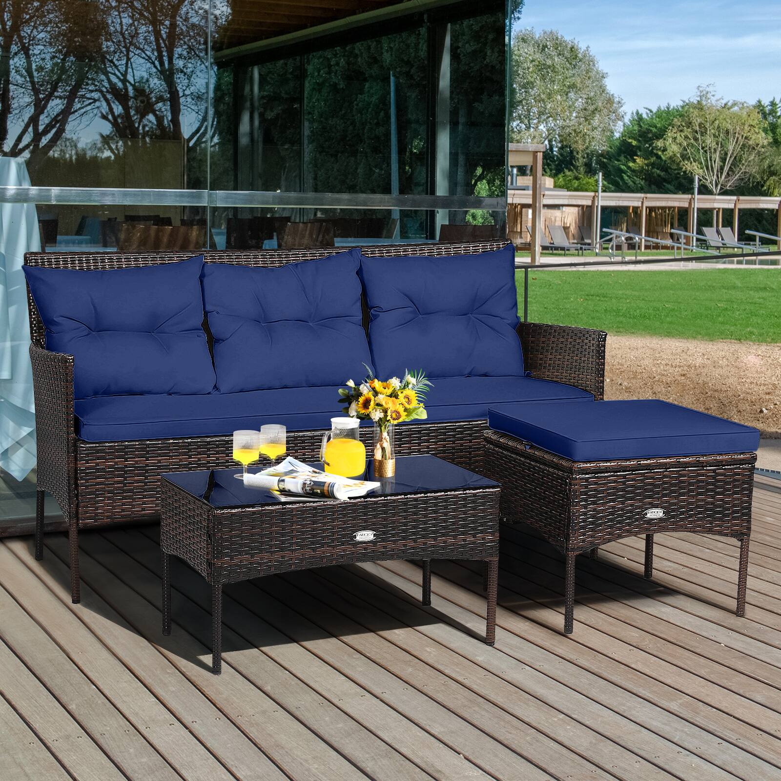 Alt View 3. Gymax - Gymax Set of 3 3-Seat Sofa Cushioned Table Rattan Furniture Set Garden Patio Navy - Navy.