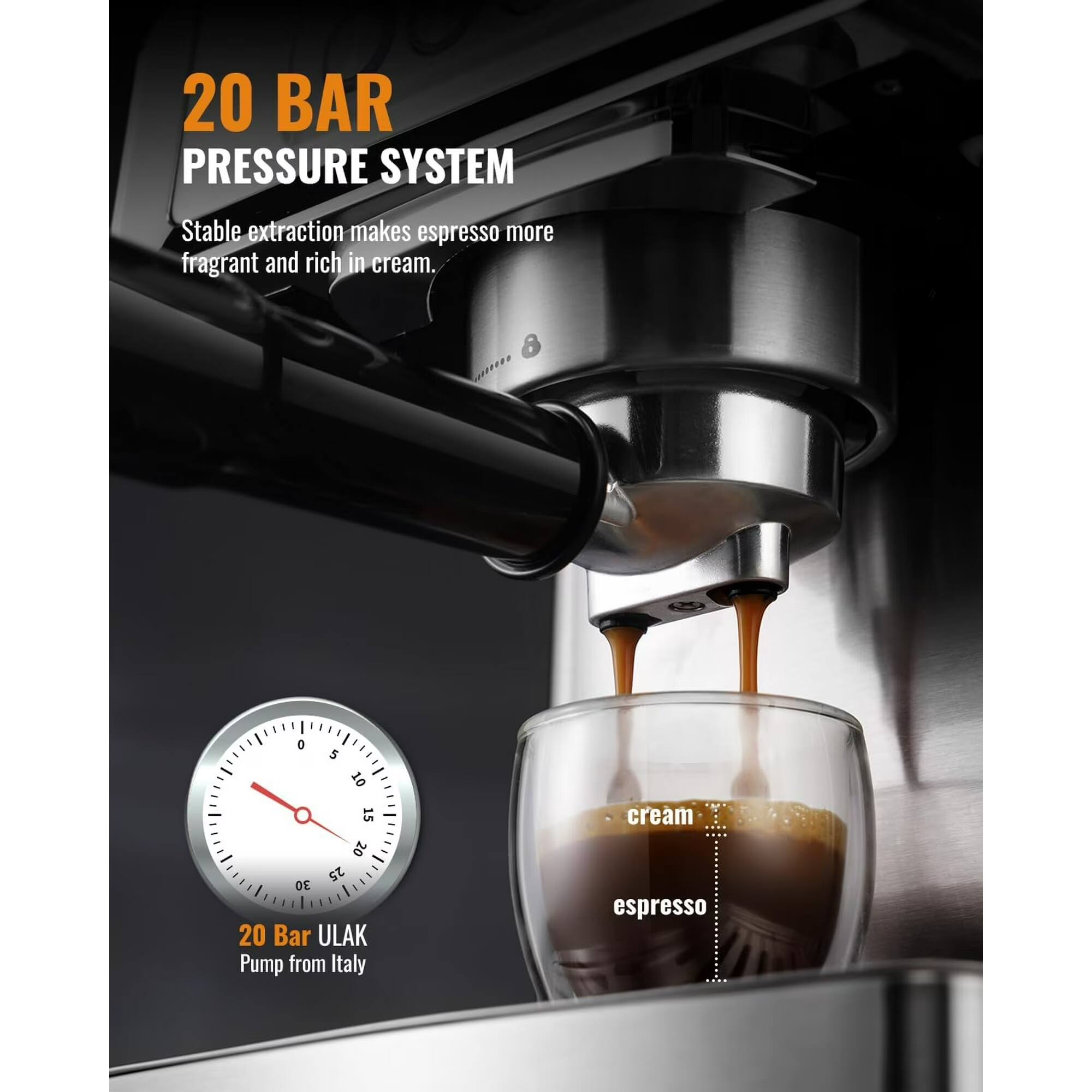 20 BAR PRESSURE SYSTEM

Stable extraction makes espresso more fragrant and rich in cream.

0 5 10 15 20 25 30 20 Bar ULAK Pump from Italy

cream
espresso