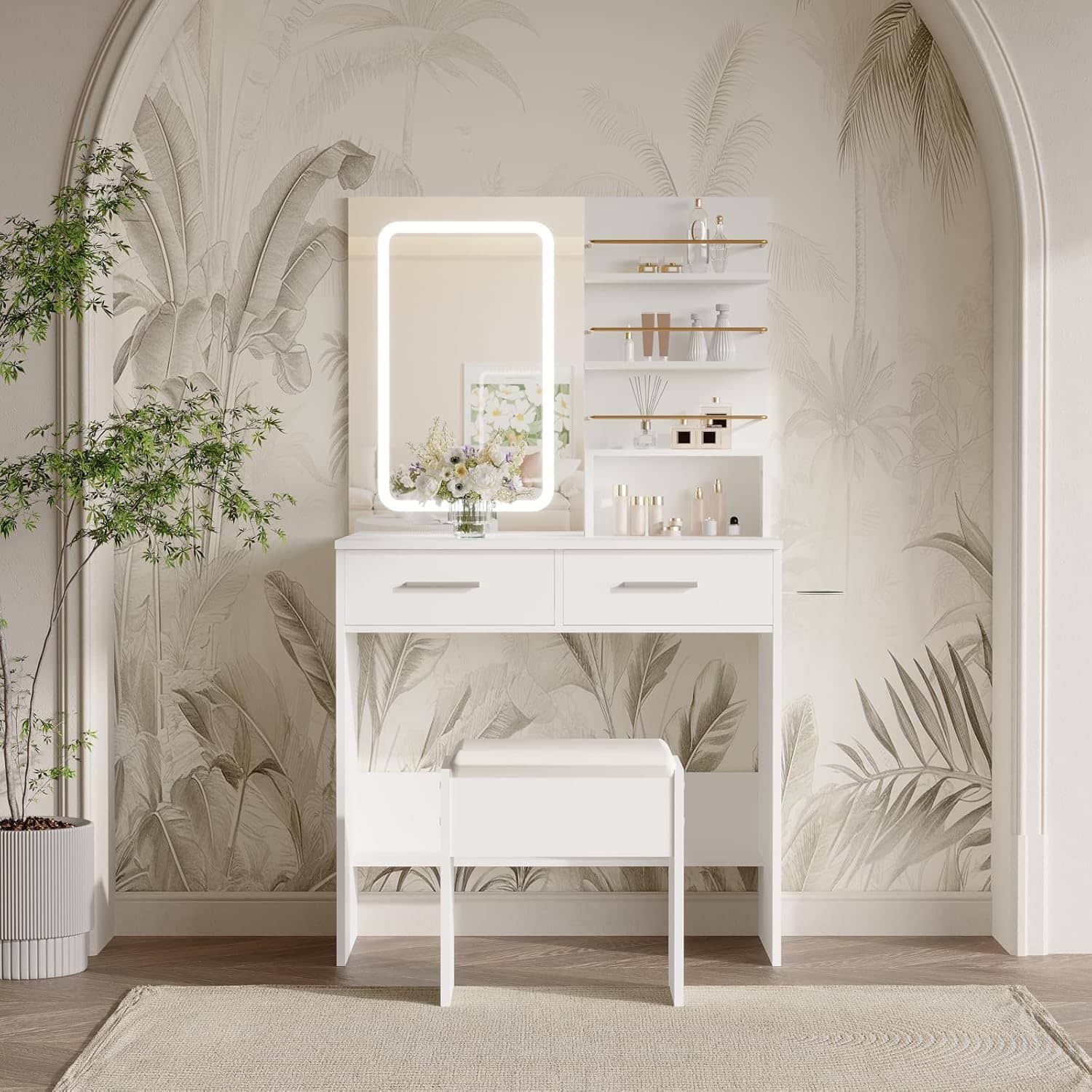 Acekool - Vanity Desk with Mirror & LED Lights, 2 Drawers, Storage Shelves, Charging Station, Chair, 3 Light Modes, Bedroom - White