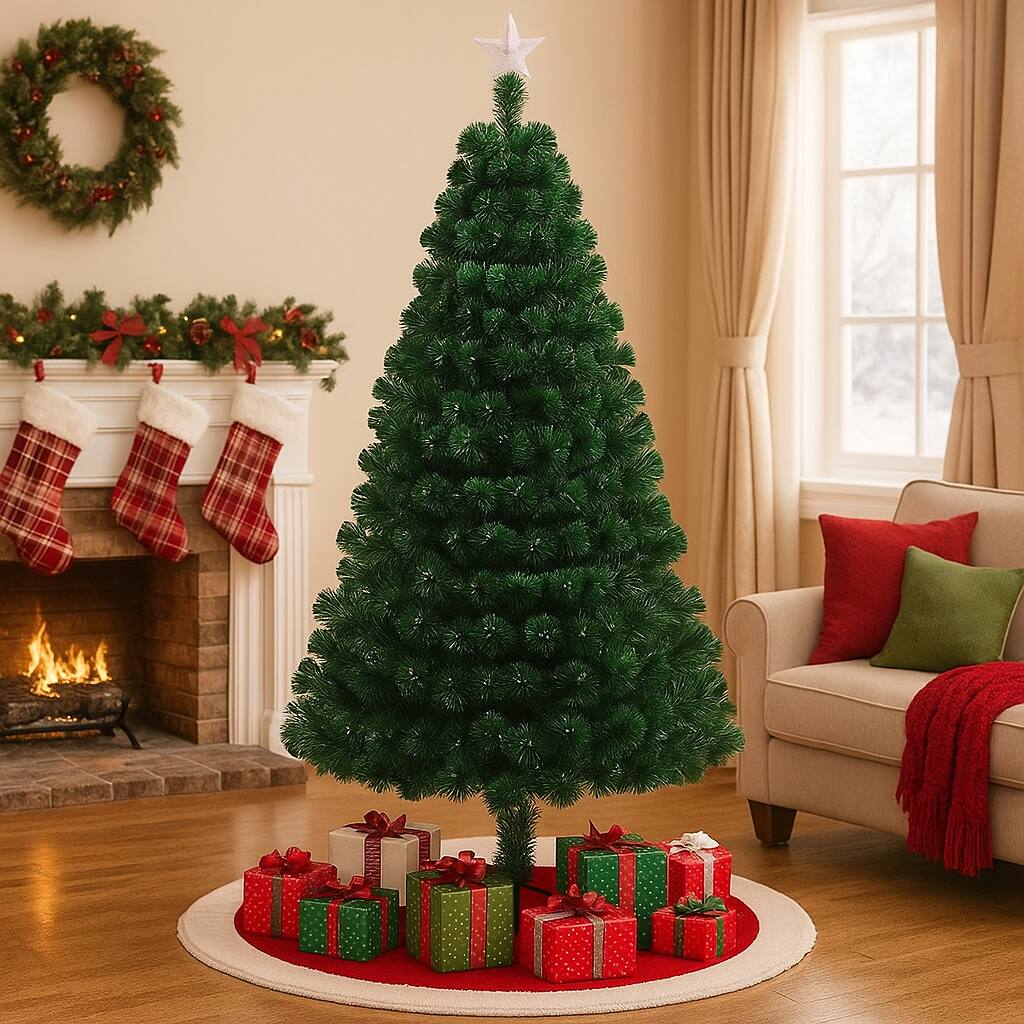 Angle. BreeBe - Prelit Multicolor Christmas Tree – 5/6/7ft with LED Lights and Metal Stand - Green.
