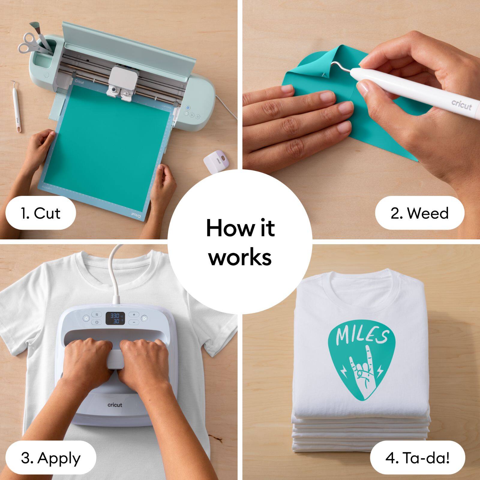 1. Cut  
2. Weed  
3. Apply  
4. Ta-da!  

How it works