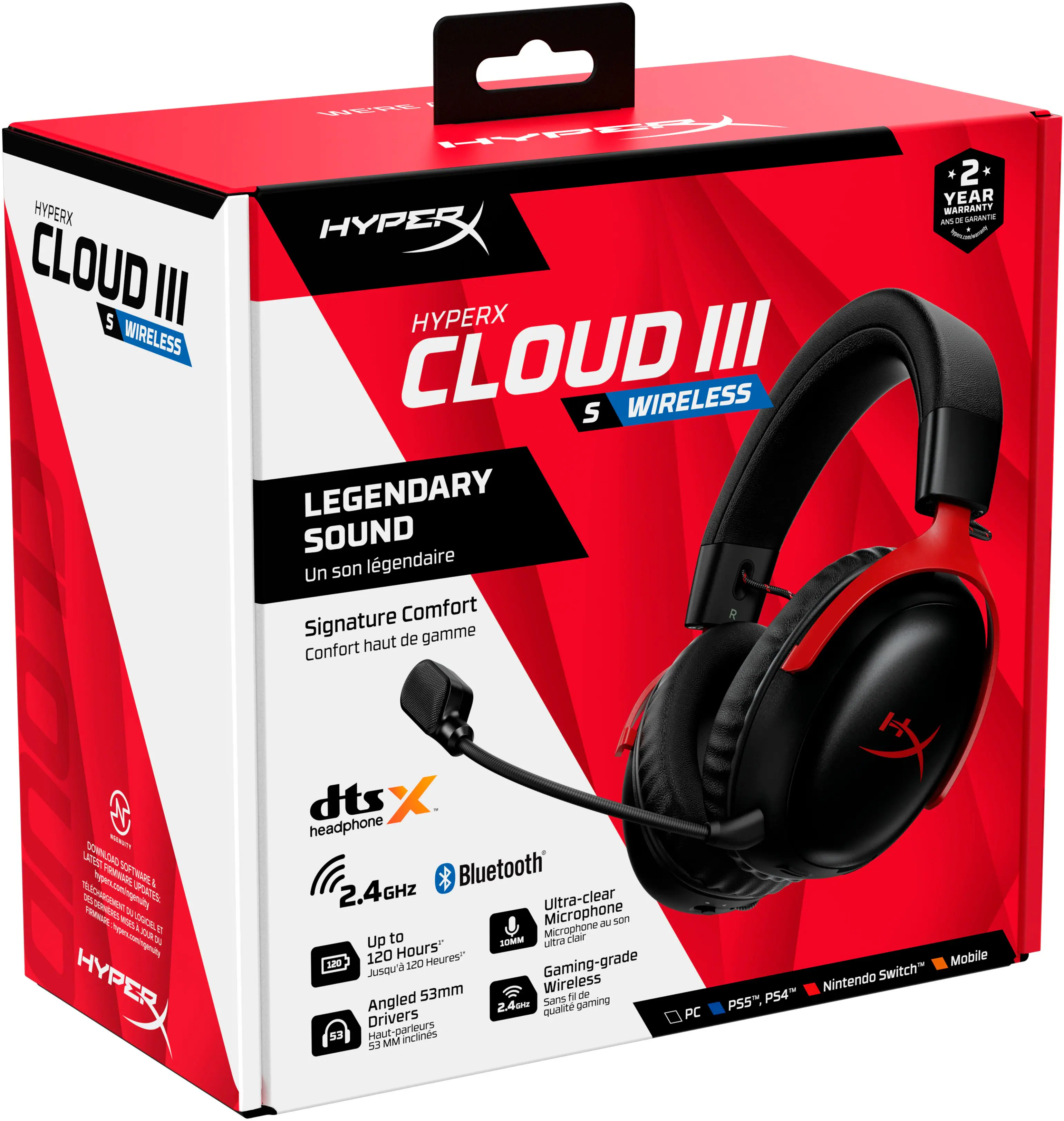 HyperX Cloud III 5 Wireless E HyperX Cloud III S Wireless Legendary Sound Un son lgendaire Signature Comfort haut de gamme Confort 2 * YEAR WARRANTY ANS - SASANTE - aen  TO  A G t  - AL VRAE WE ONL r >ngan.cannegnity ds 3 HYPER dts X headphone Bluetooth 2.4GHZ Ultra-clear Microphone Ju son to Micropnone clair Up SM uitra 120 Hours Heures" 200 120 Gaming-grade Jusqu'a 53mm Wireless N de Angled 2.4pu Sans gaming Drivers Qualit 53 Haut-parieurs inclines A MM PC Mobile Nintendo Switch PS5 PS4-