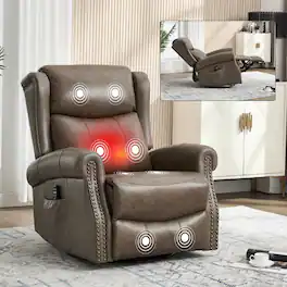 Ropilly - Genuine Leather Massage Recliner 360 Degree Swivel Rocker Chair - Brown and Gray