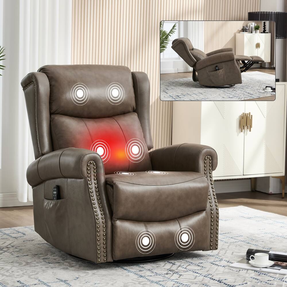 Front. Ropilly - Ropilly Genuine Leather Massage Recliner 360 Degree Swivel Rocker Chair - Brown and Gray.