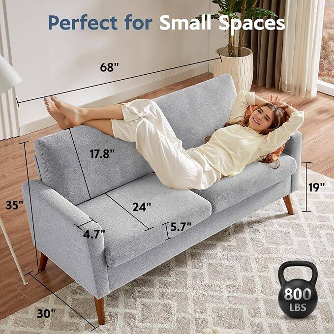 Perfect for Small Spaces

- 68" (length)
- 35" (depth)
- 17.8" (seat height)
- 24" (seat width)
- 5.7" (arm height)
- 4.7" (arm depth)
- 19" (back height)
- 30" (distance from the floor to the bottom of the seat)
- 800 LBS (weight capacity)