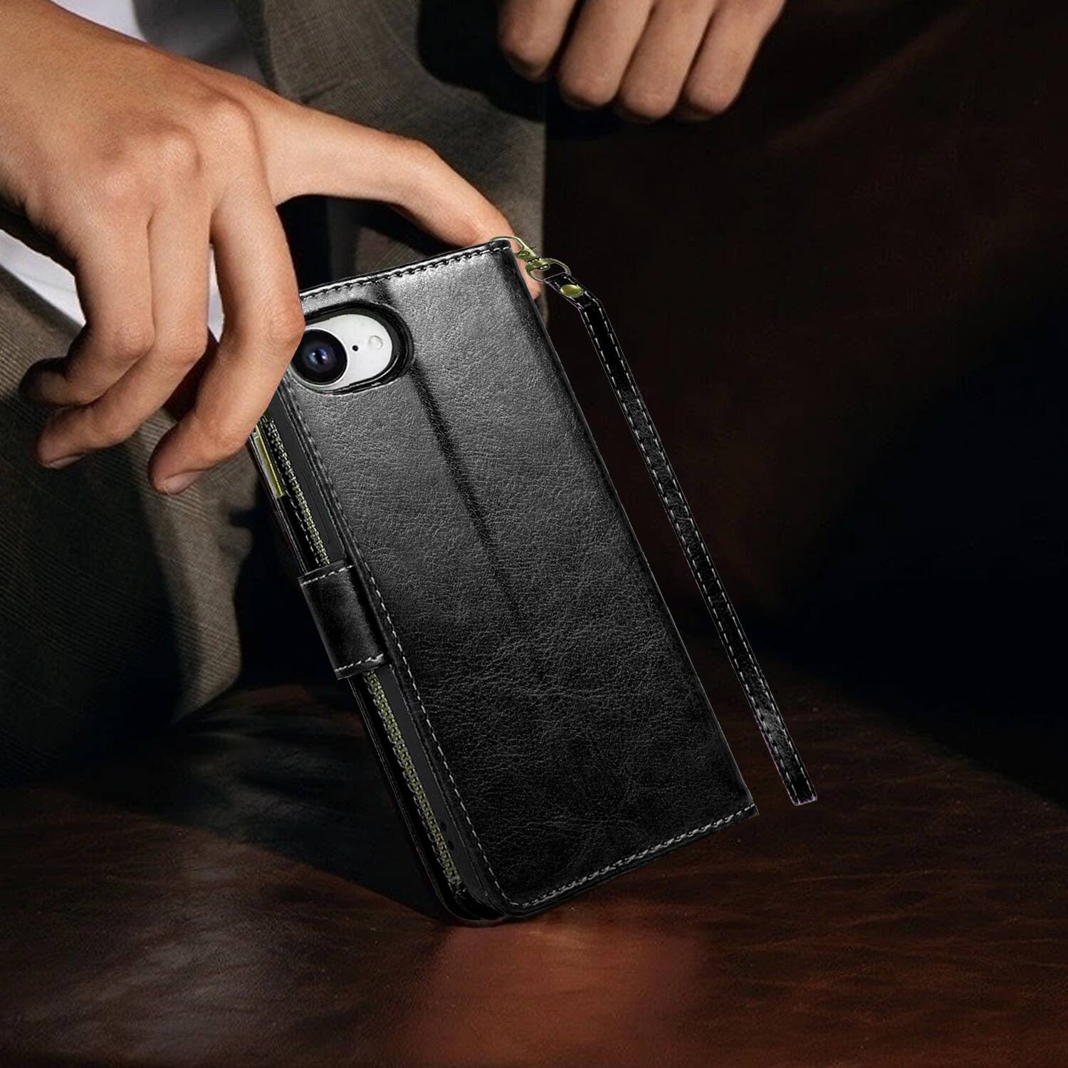 Alt View 6. Equipd - Phone Case for Apple iPhone 17e / iPhone 16e, Luxury Wallet Card ID Zipper Money Holder Cover (Black) - Black.