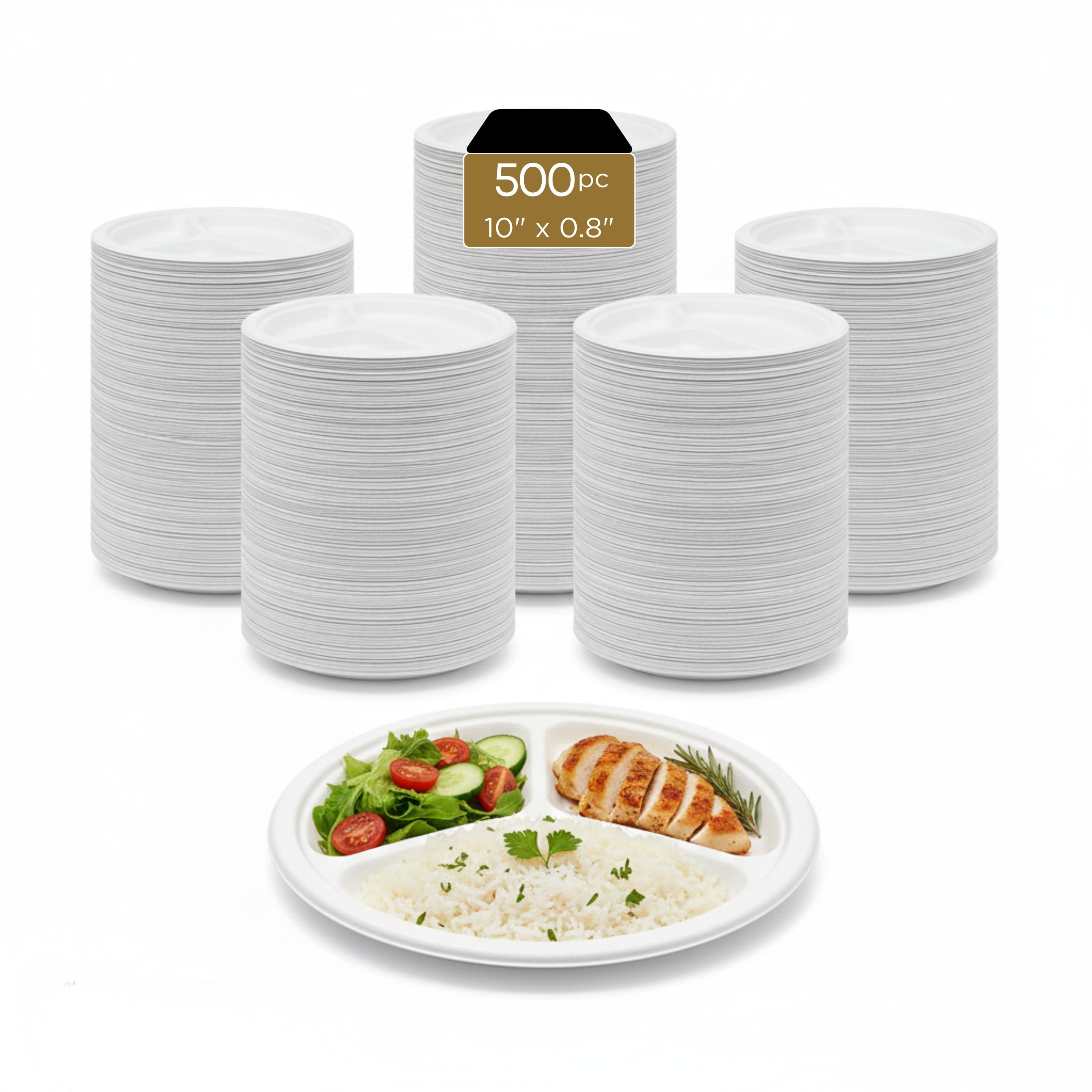 Eco Harmony Products- Bagasse Plates (PFAS-Free), 3-compartment, 10", 500-Pack- White