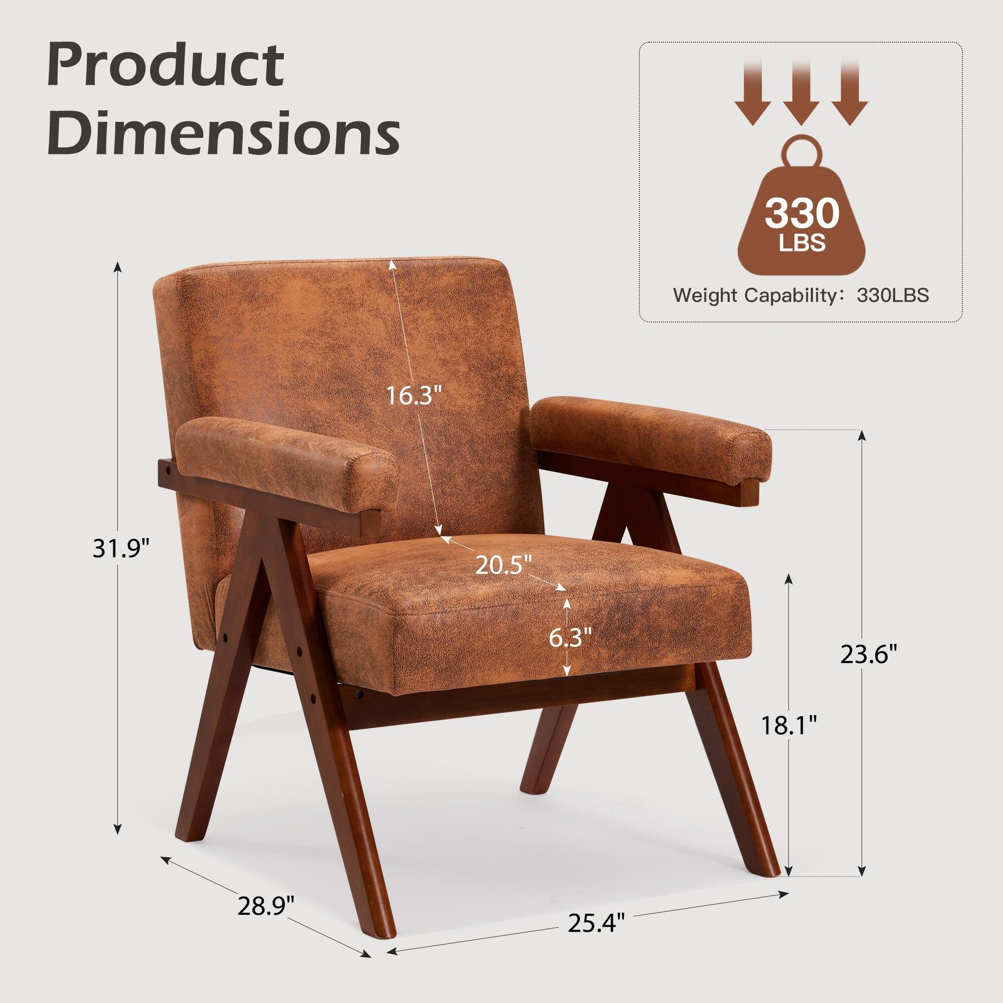 Product Dimensions

Weight Capability: 330 LBS

- Height: 31.9"
- Width: 25.4"
- Depth: 28.9"
- Seat Height: 18.1"
- Seat Depth: 20.5"
- Armrest Height: 16.3"
- Back Height: 23.6"