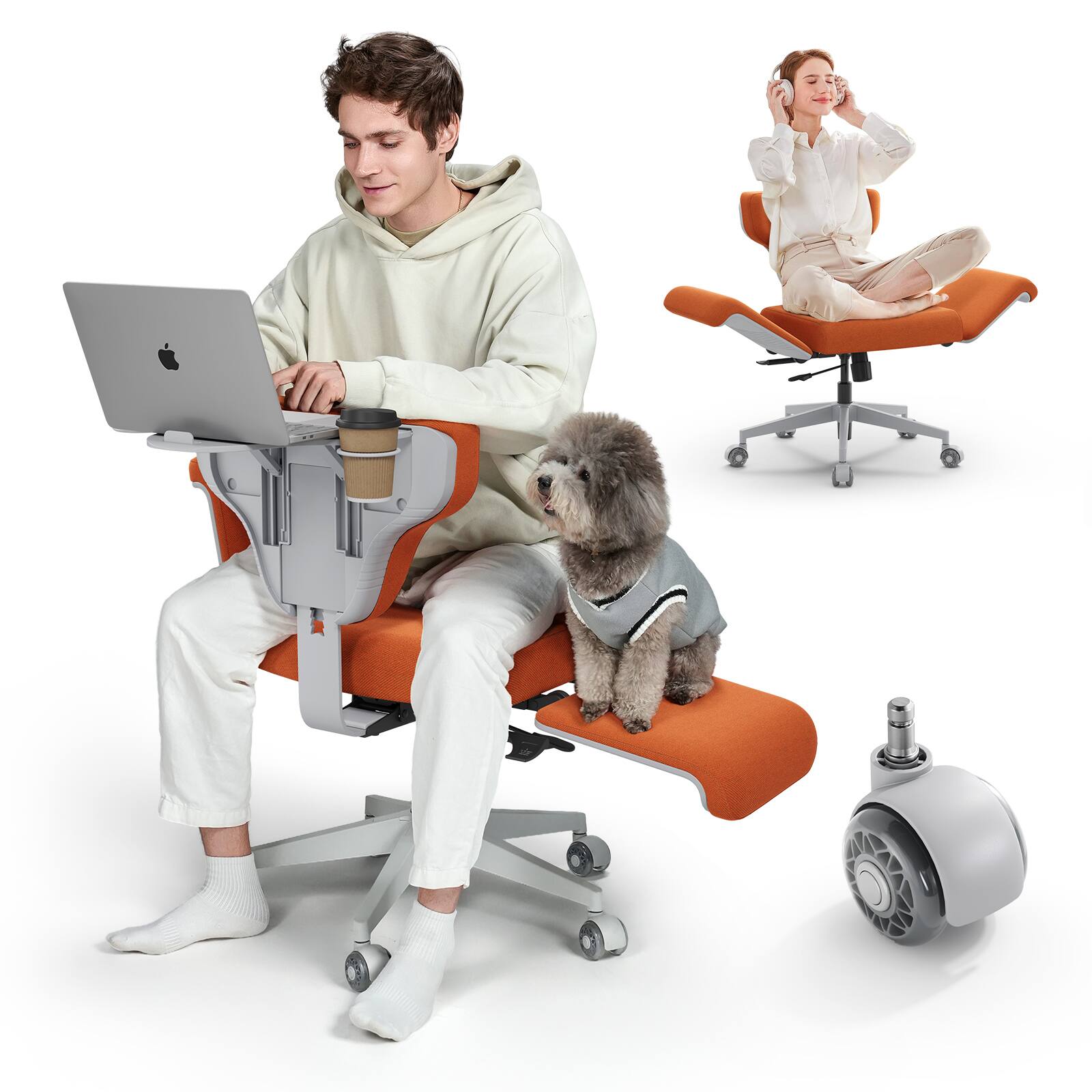 Left. Newtral - Freedom-X Ergonomic Adjustable Chair w/ Wheels Amrests Laptop Tray, Cross Legged Multi-Position Recliner for Home/Office - Orange .