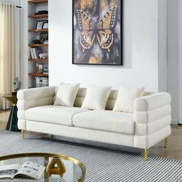 Resenkos - 81" 3-Seater Sectional Sofa, Plush Teddy Fabric with Deep Comfort and 3 Included Pillows, Ivory White - White