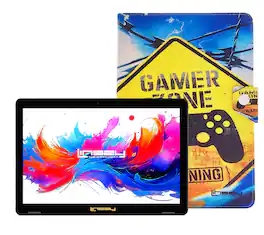 LINSAY - 10.1"Octa Core 256GB Storage Android 15 Tablet with Gamer Shape Case - Yellow