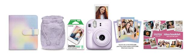 The image features a collection of Instax Mini items, including a white Instax Mini 10 camera, a photo frame, and a photo booklet. The camera is placed next to the photo frame, and the photo booklet is positioned nearby. The items are arranged in a visually appealing manner, showcasing the various options available for capturing and sharing memories with the Instax Mini system.