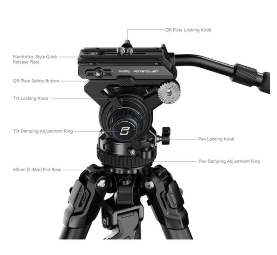 QR Plate Locking Knob  
Manfrotto-Style Quick Release Plate  
QR Plate Safety Button  
Tilt Locking Knob  
Tilt Damping Adjustment Ring  
Pan Locking Knob  
Pan Damping Adjustment Ring  
60mm (2.36in) Flat Base