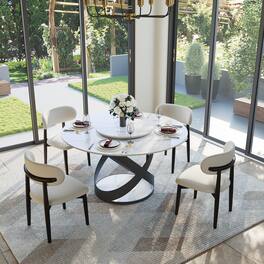 POVISON - 51" Modern Glossy Dining Table for 4 with Lazy Susan, White Round Sintered Stone Tabletop, Black X Carbon Steel Base - White Glossy Sintered Stone with Black