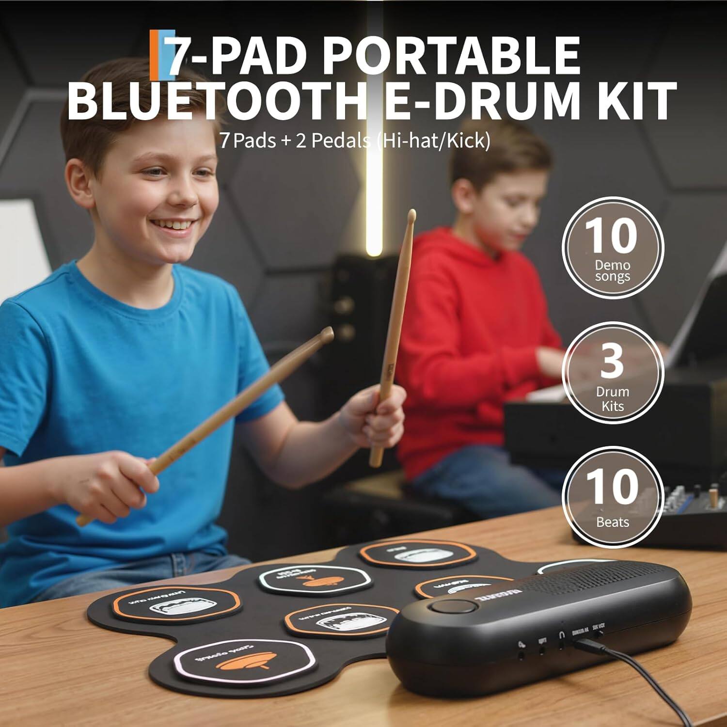 7-Pad Portable Bluetooth E-Drum Kit  
7 Pads + 2 Pedals (Hi-hat/Kick)  
10 Demo Songs  
3 Drum Kits  
10 Beats