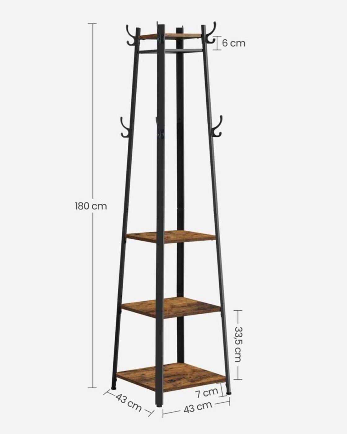 - Height: 180 cm
- Width: 43 cm
- Depth: 43 cm
- Shelf depth: 33.5 cm
- Shelf width: 43 cm
- Shelf thickness: 7 cm
- Top shelf overhang: 6 cm