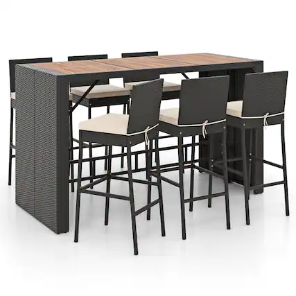 Front. Gymax - Gymax 7 Pieces Patio Bar Set w/ Acacia Wood Tabletop & Removable Cushions Outdoor - Black.