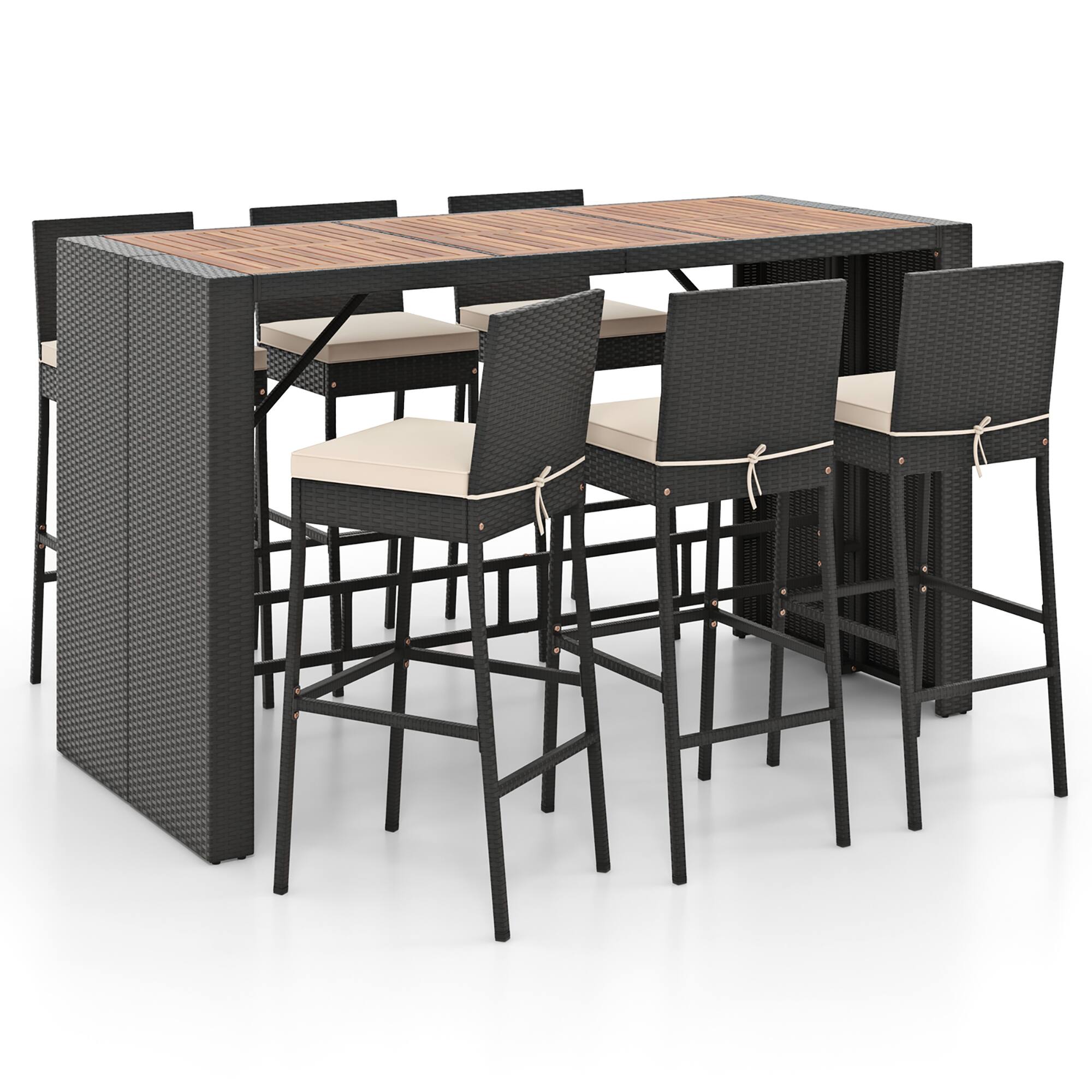 Gymax - 7 Pieces Patio Bar Set w/ Acacia Wood Tabletop & Removable Cushions Outdoor - Black