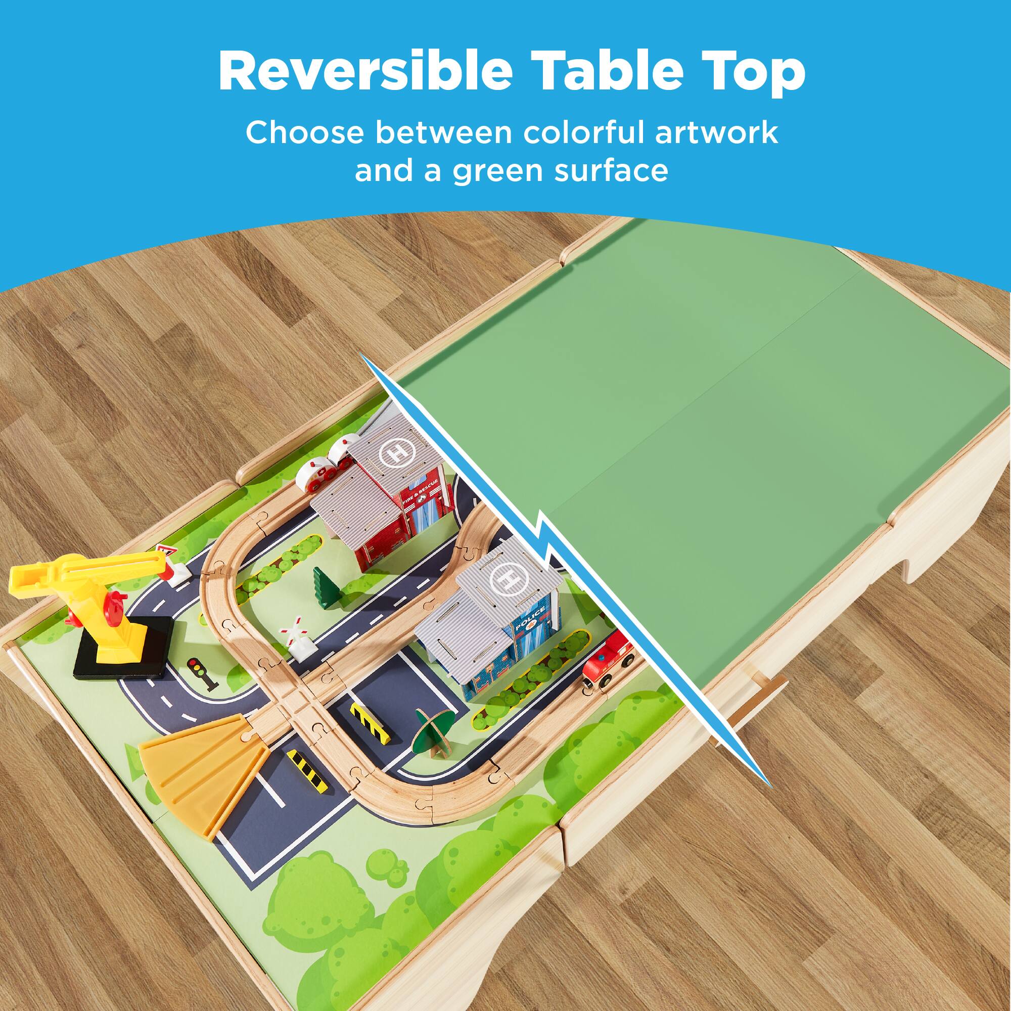 Reversible Table Top  
Choose between colorful artwork and a green surface