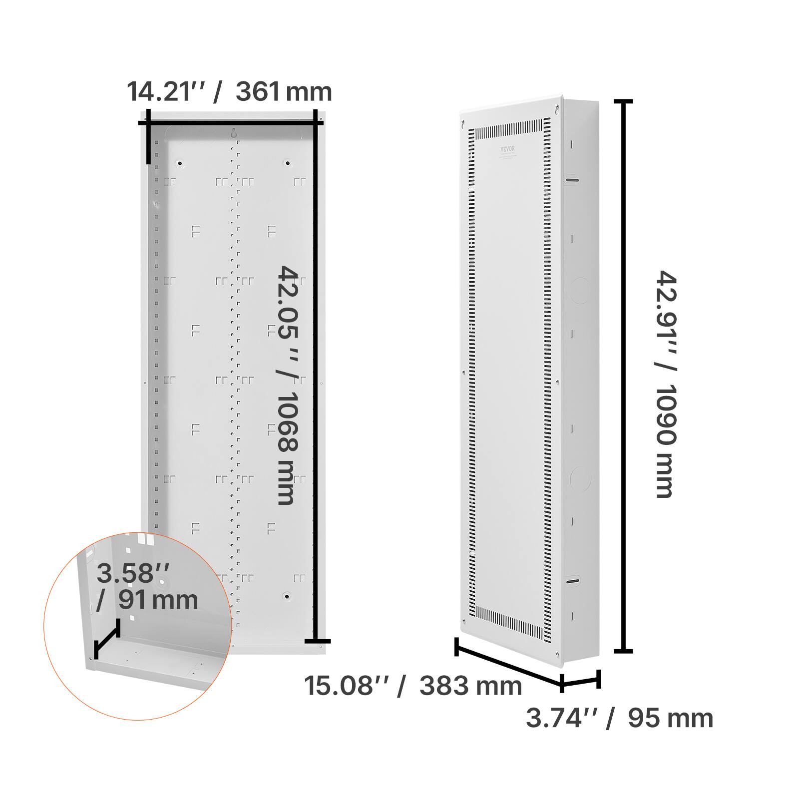 14.21" / 361 mm  
42.05" / 1068 mm  
42.91" / 1090 mm  
3.58" / 91 mm  
15.08" / 383 mm  
3.74" / 95 mm