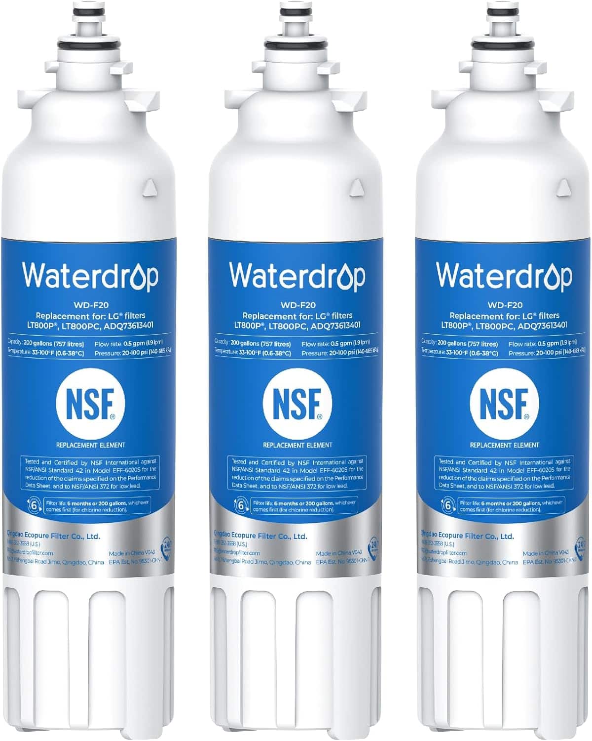 Waterdrop  
WD-F20  
Replacement for: LG filters  
LT800P, LT800PC, ADQ73613401  

Flow rate: 0.5 gpm (19 l/min)  
Temperature: 33-100°F (0.6-38°C)  
Pressure: 20-100 psi (1406 kPa)  

NSF  
REPLACEMENT ELEMENT  

Tested and Certified by NSF International against NSF/ANSI Standard 42 in Model EFF-60205 for the reduction of the claims specified on the Performance Data Sheet and NSF/ANSI 372.  

Filter life: 6 months or 200 gallons, whichever comes first for chlorine reduction.  

Qingdao Ecopure Filter Co., Ltd.  
Made in China V04S  
EPA Est. No. 96200-CHN  

Waterdrop  
WD-F20  
Replacement for: LG filters  
LT800P, LT800PC, ADQ73613401  

Flow rate: 0.5 gpm (19 l/min