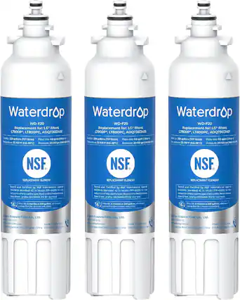 Waterdrop
WD-F20
Replacement for: LG filters
LT800P, LT800PC, ADQ73613401
Flow rate: 0.5 gpm (19 l/min)
Temperature: 33-100°F (0.6-38°C)
Pressure: 20-100 psi (1406 kPa)
NSF
REPLACEMENT ELEMENT
Tested and Certified by NSF International against NSF/ANSI Standard 42 in Model EFF-60205 for the reduction of the claims specified on the Performance Data Sheet and NSF/ANSI 372.
Filter life: 6 months or 200 gallons, whichever comes first for chlorine reduction.
Qingdao Ecopure Filter Co., Ltd.
Made in China V04S
EPA Est. No. 96200-CHN
Waterdrop
WD-F20
Replacement for: LG filters
LT800P, LT800PC, ADQ73613401
Flow rate: 0.5 gpm (19 l/min