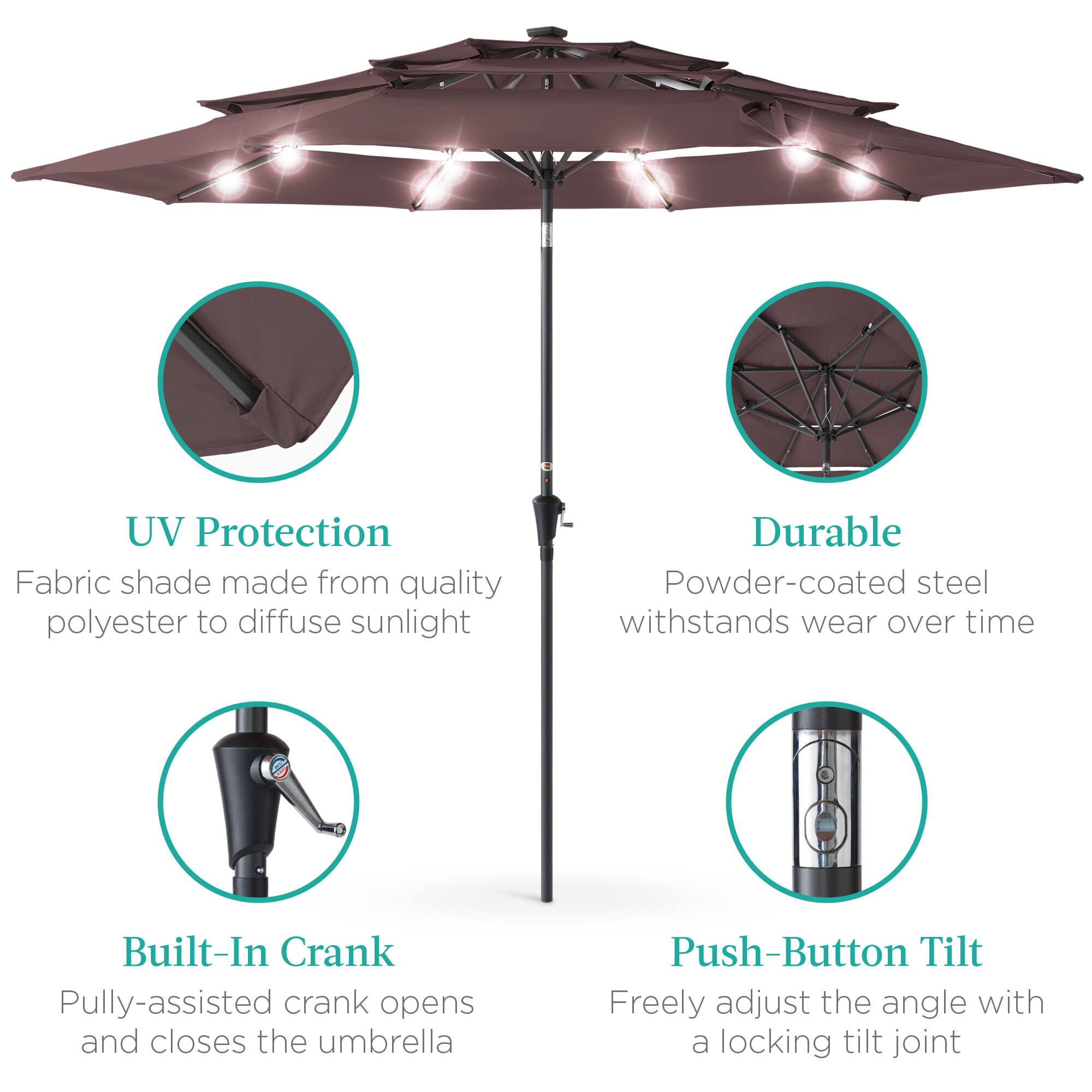 - UV Protection  
  Fabric shade made from quality polyester to diffuse sunlight

- Durable  
  Powder-coated steel withstands wear over time

- Built-In Crank  
  Pully-assisted crank opens and closes the umbrella

- Push-Button Tilt  
  Freely adjust the angle with a locking tilt joint