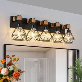 Kadyn - 31" Modern Geometric 5-Light Vanity Light Fixture with Metal, Wooden Accents and Cage Lampshade - Black